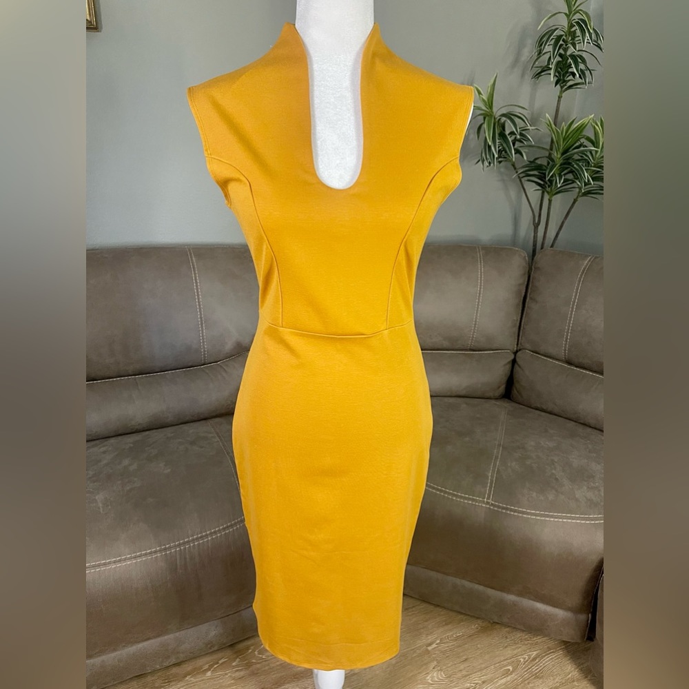NWT Rolla Coster Mustard Yellow Bodycon Midi Dress Sz L Spring Summer Easter - Picture 4 of 9
